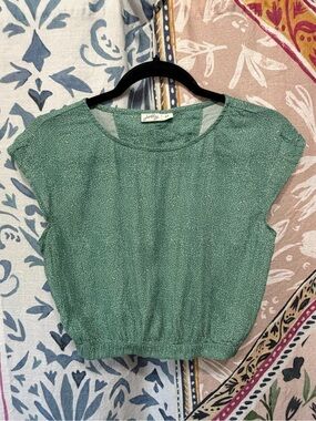 Jetty Green Cap-Sleeve Smocked-Hem Top